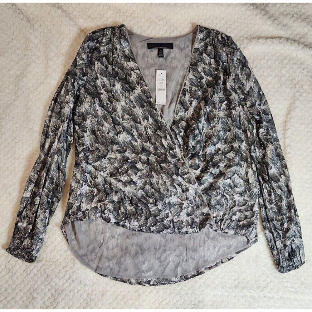WHBM Size 14 Ls Clip Surplice Blouse Silver Feathers NWT